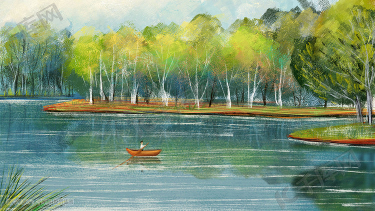 油画湖边森林风景