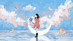 寒假补习班学习教育书女孩天空云海风景背景