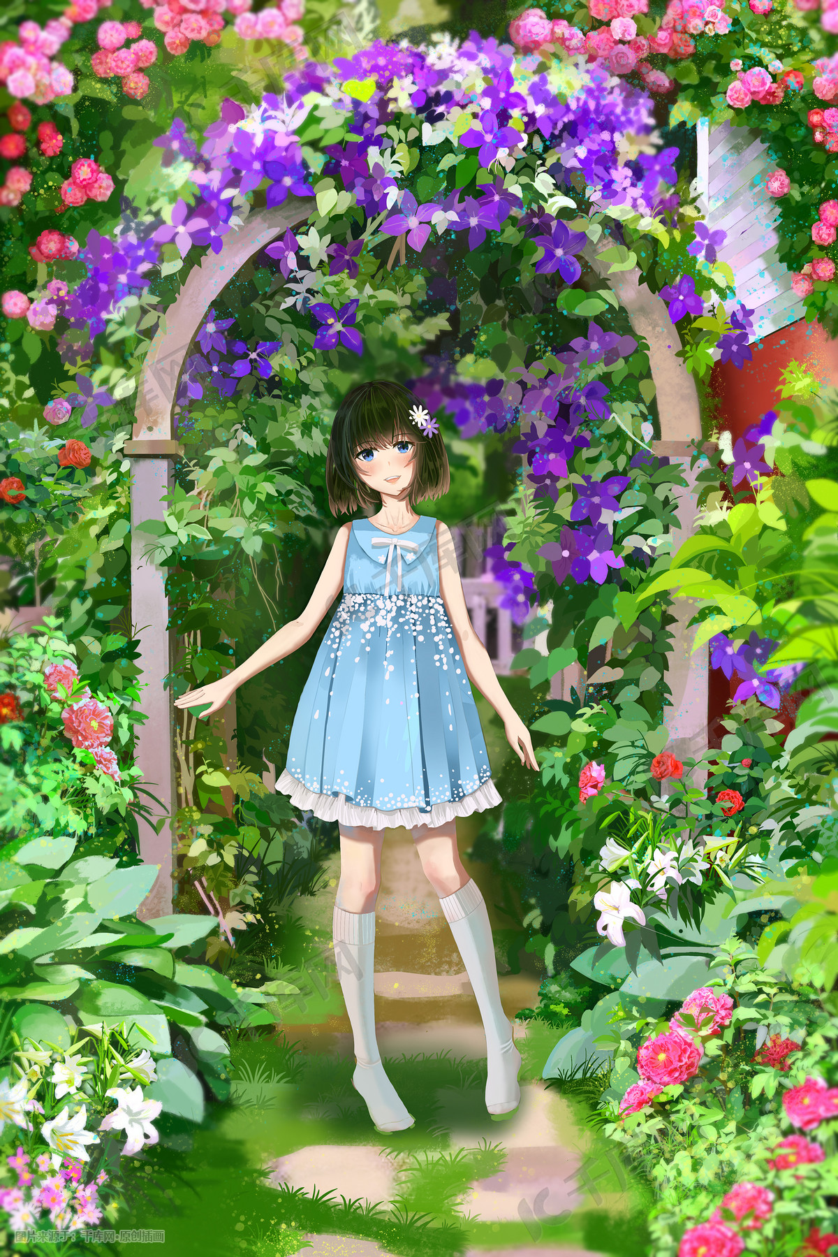清新夏季花海女孩插画图片 千库网 插画id 429
