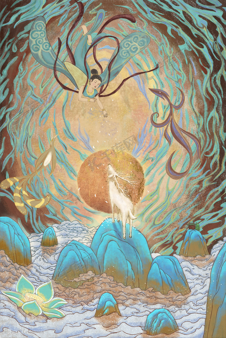 敦煌飞天神鹿出现神话中国风莲花插画图片-千库网
