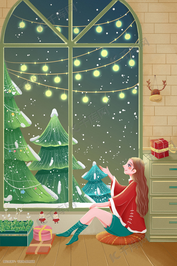 圣诞节窗外圣诞的节日气息手绘插画圣诞