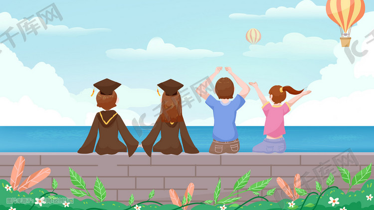 毕业季学生绿色海边看海青年节男生女生海边高考