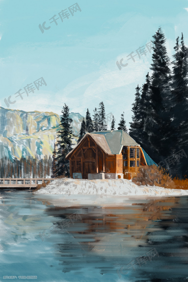 冬天水彩风景湖面上的房屋背景