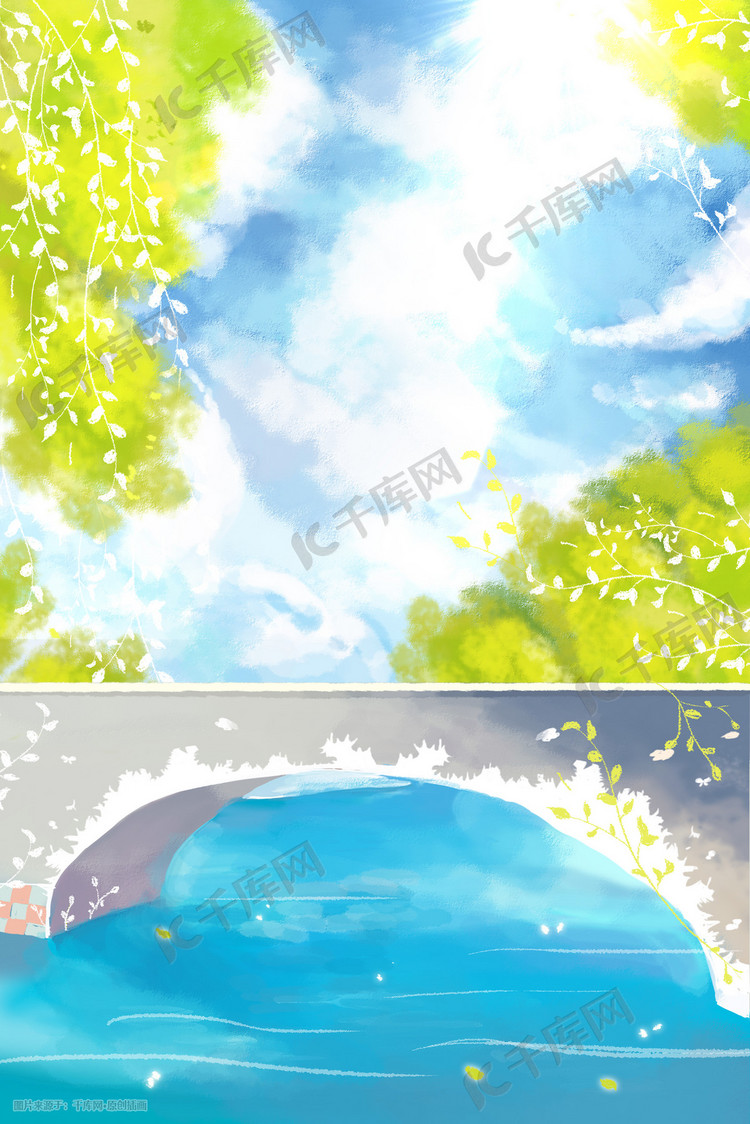 夏天水彩风景天空蓝天云树叶树桥水河插画背景