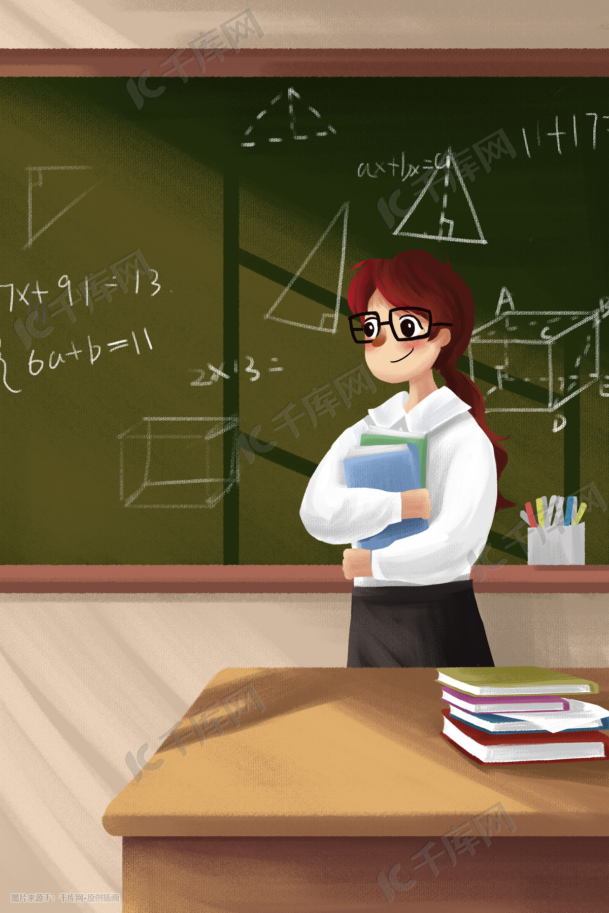 棕色系童话治愈风教师节老师黑板课桌背景