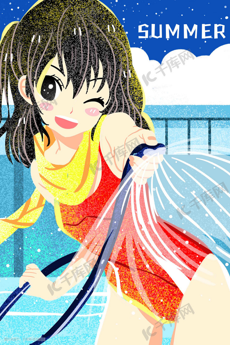 立夏夏天泳池清凉唯美小清新少女手绘插画