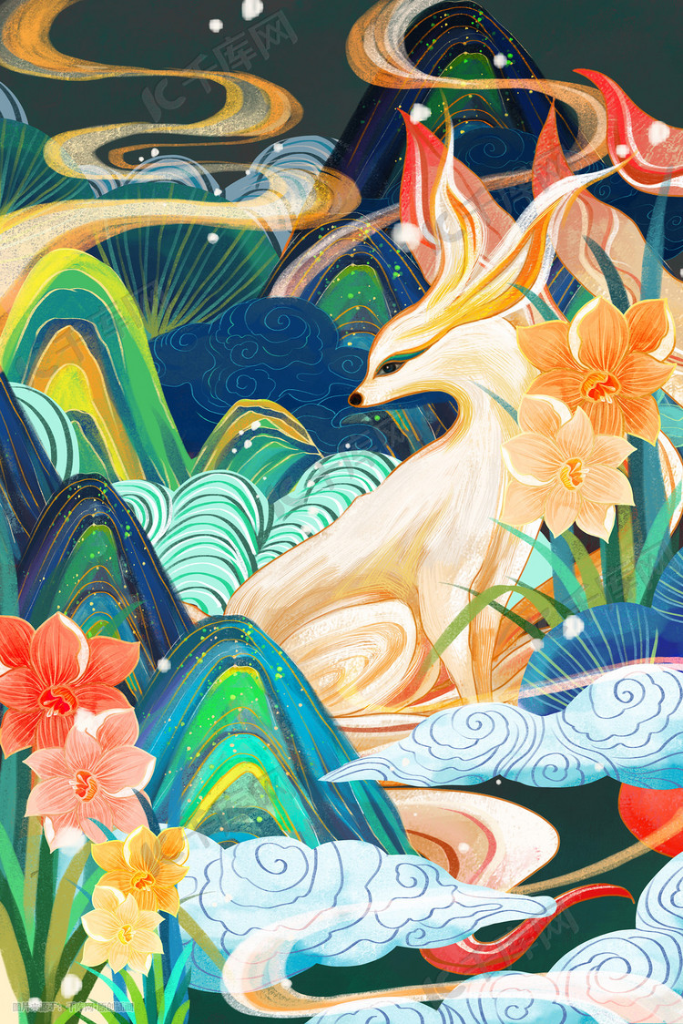 国潮祥云大山山海经九尾狐背景插画图片-千库网