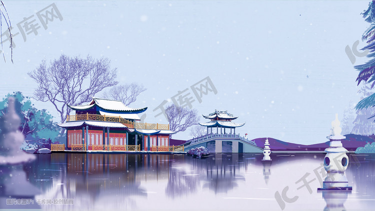 大寒唯美杭州西湖雪景插画画面