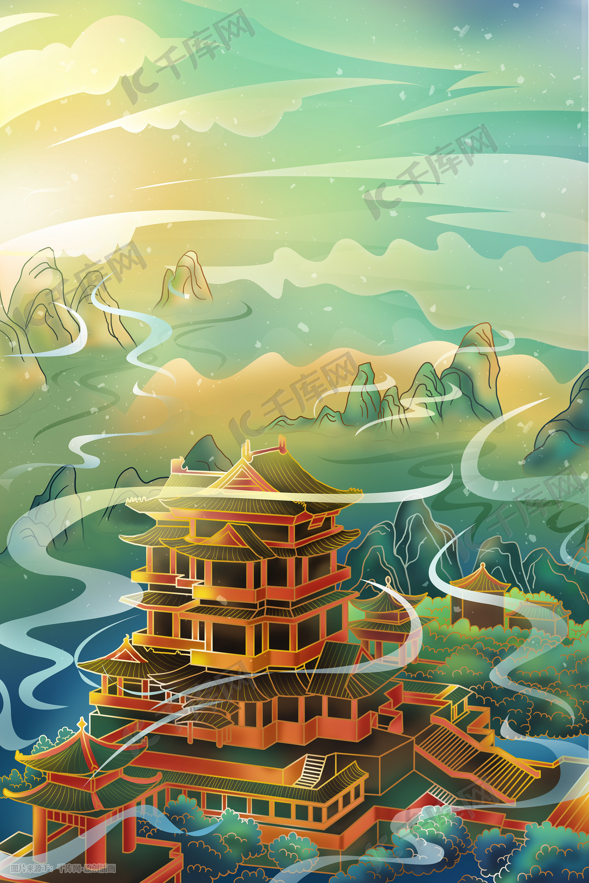 中国风大气场景落日古代建筑城楼云山