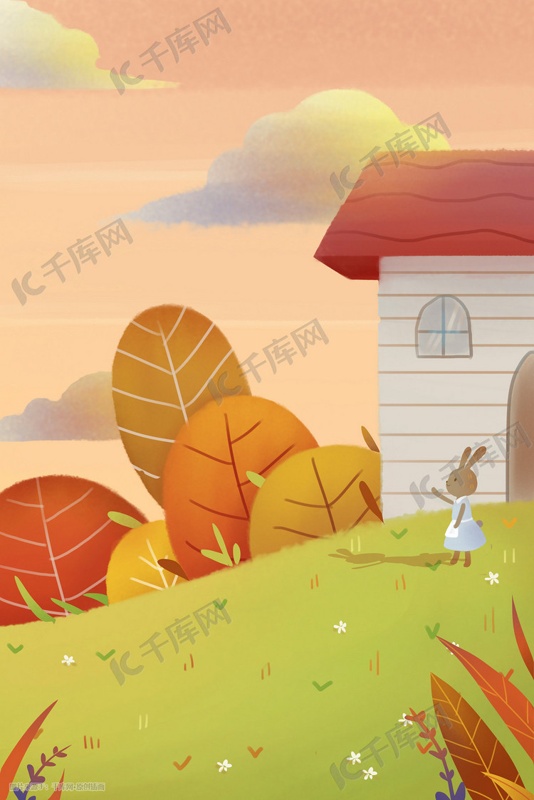 秋天草地山树叶树风景房屋兔子屋子