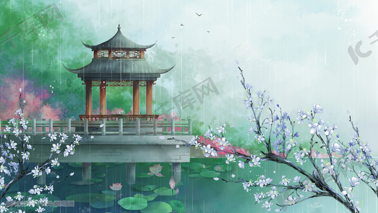 中国风雨季山水夏季凉亭白玉长廊古风场景