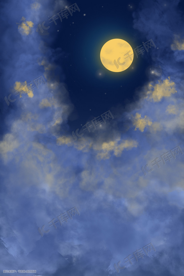 天空蓝天夜晚月亮云星空扁平插画背景