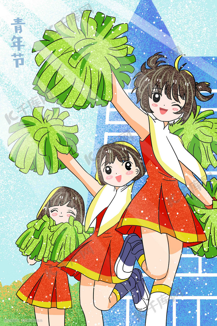 五四青年节青春阳光卡通清新少女手绘插画