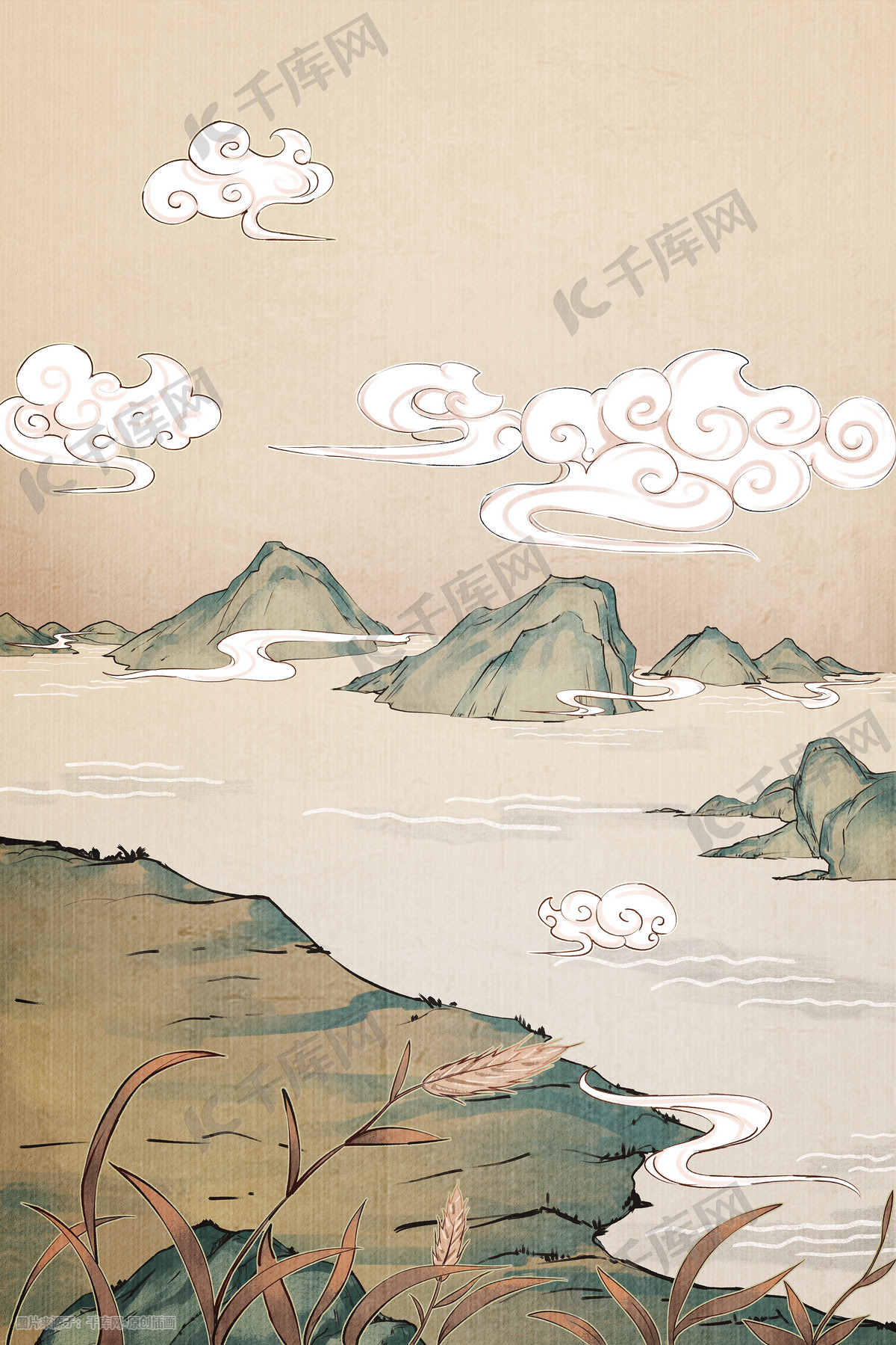 中国风古风工笔神话祥云山脉云堆天空背景