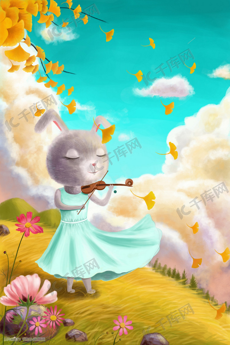 秋天金秋兔子拉提琴唯美风景图
