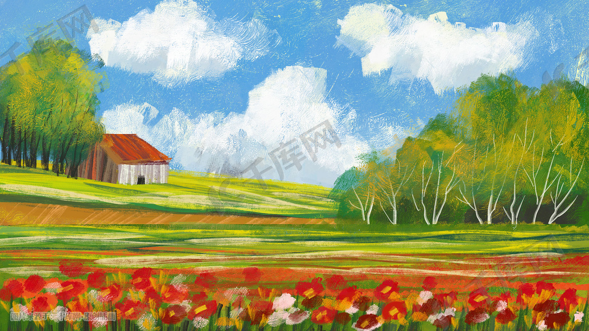 夏日油画风景小清新二插画图片-千库网