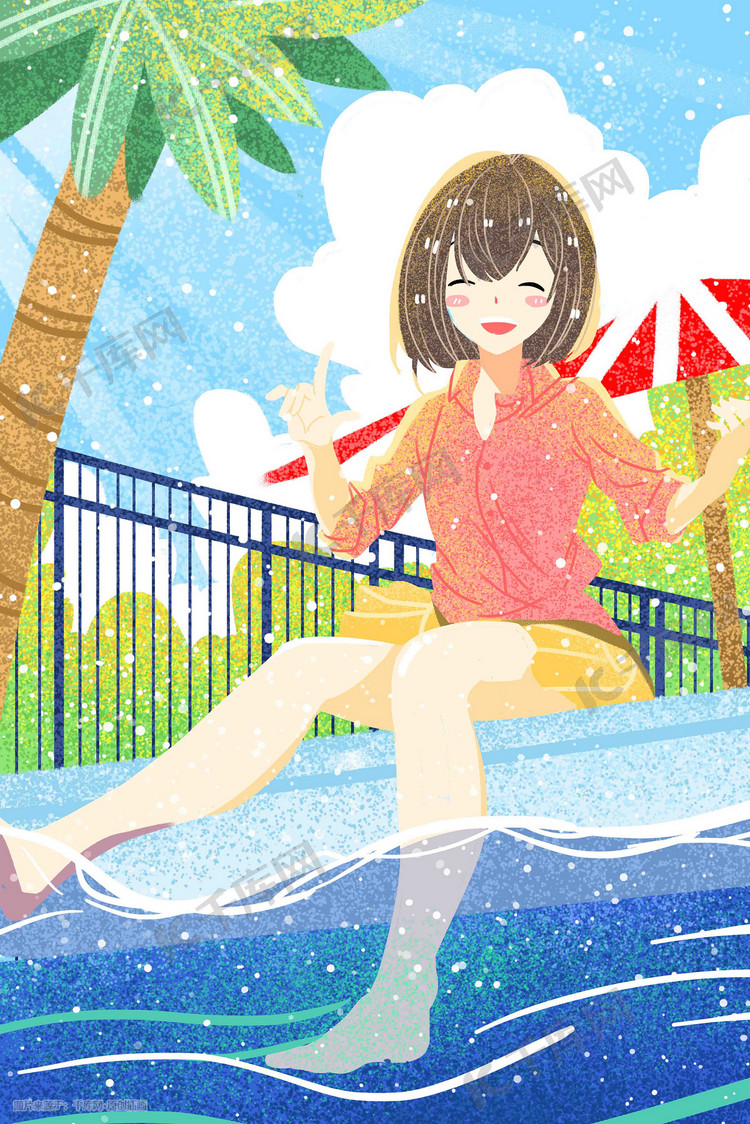 立夏夏天泳池清凉少女清新手绘风格插画