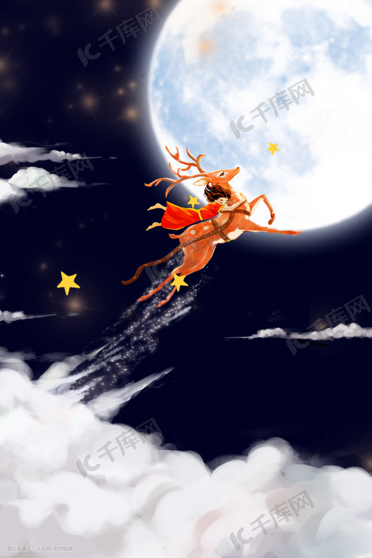 圣诞节麋鹿月亮天空云夜晚星空星星星风景背景圣诞