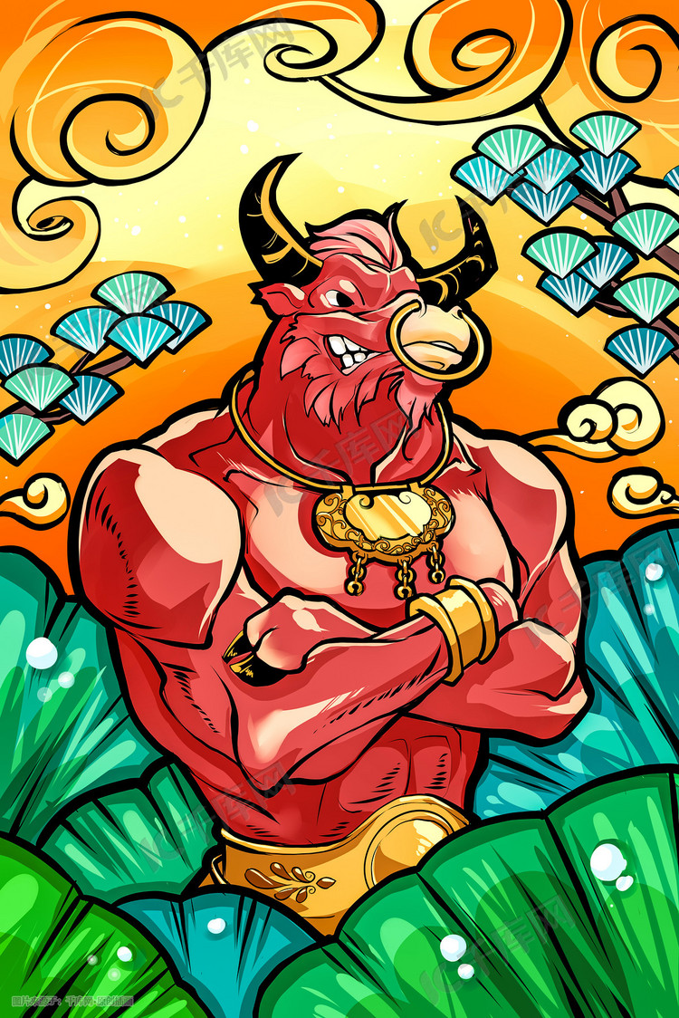 牛年国潮手绘中国风插画