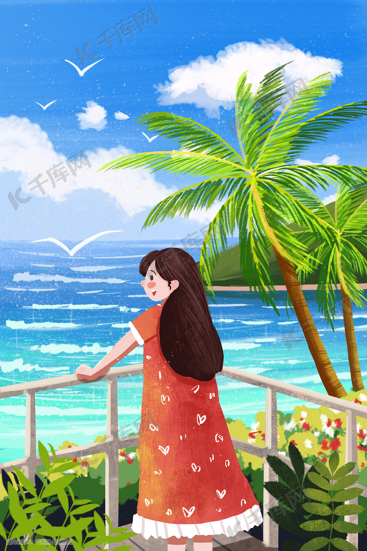 夏日女孩海边度假景色小清新插画图片 千库网 插画id