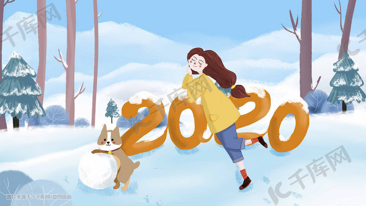 2020元旦清新少女雪地外和狗狗玩雪