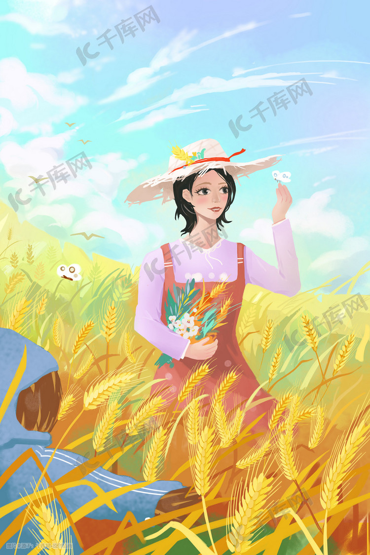 夏日芒种节气女孩小麦插画