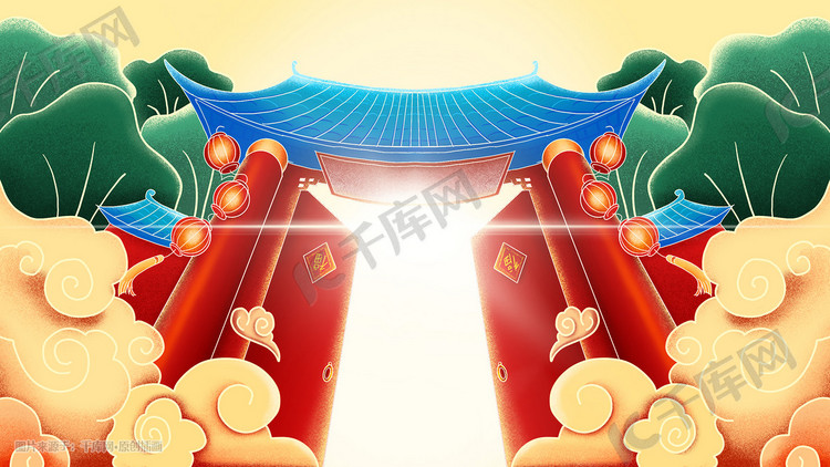 中国风新年春节国潮手绘肌理中式大门618