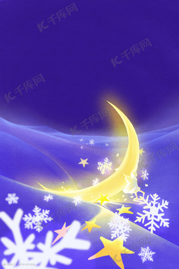 小雪冬天雪夜星月雪花温馨背景图