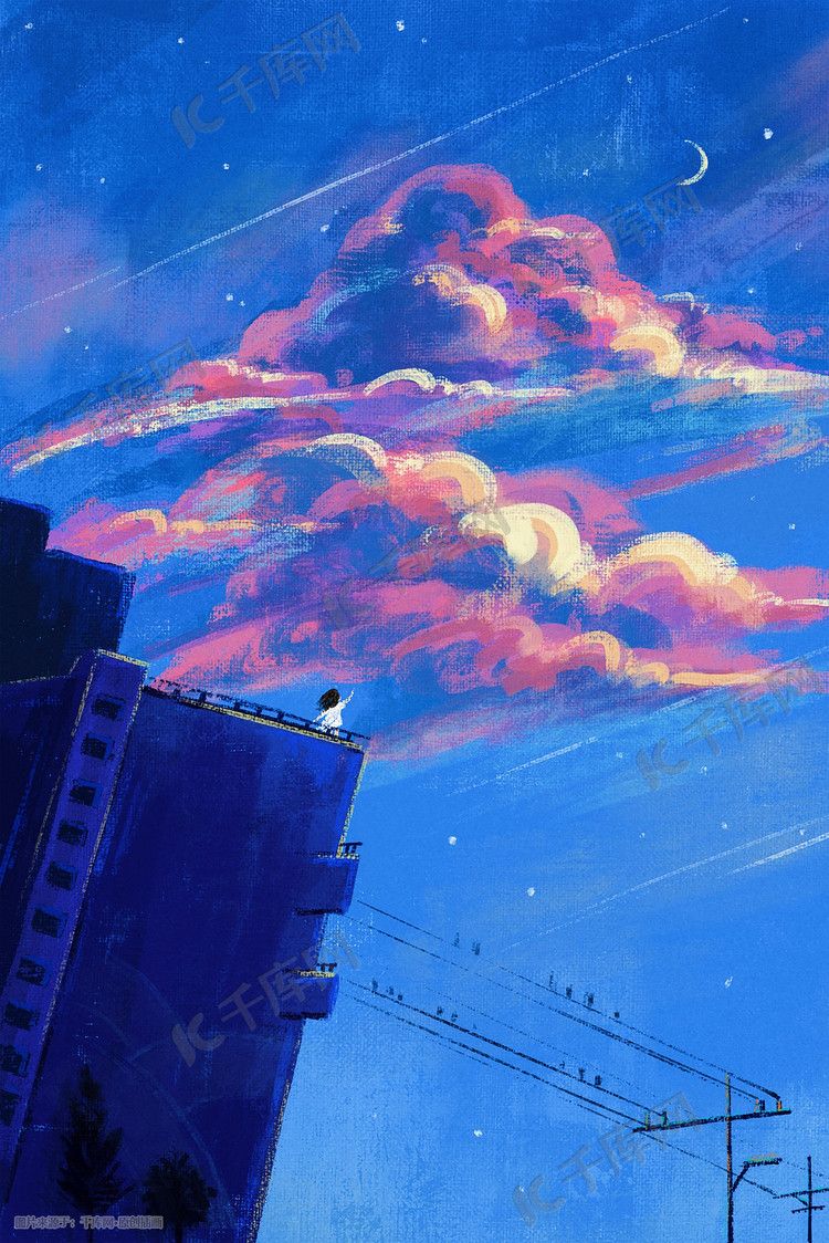 油画背景唯美治愈天空云女孩插画图片-千库网