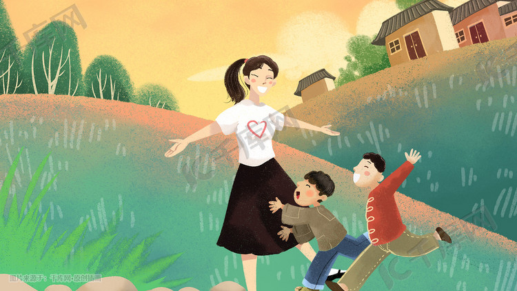 卡通手绘风支教老师学生配图