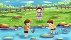 六一儿童节90年代夏天童年河流玩耍摸鱼天空草地插画背景六一