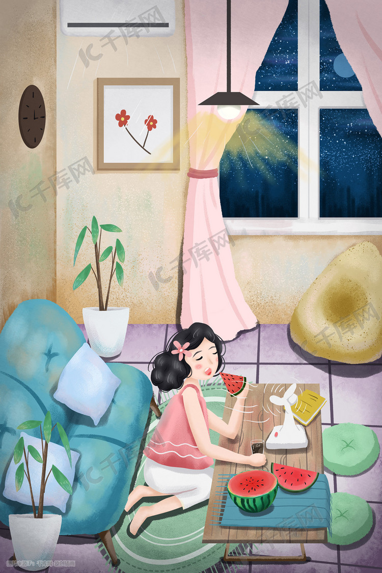夏天在家里吃西瓜的女孩小清新插画