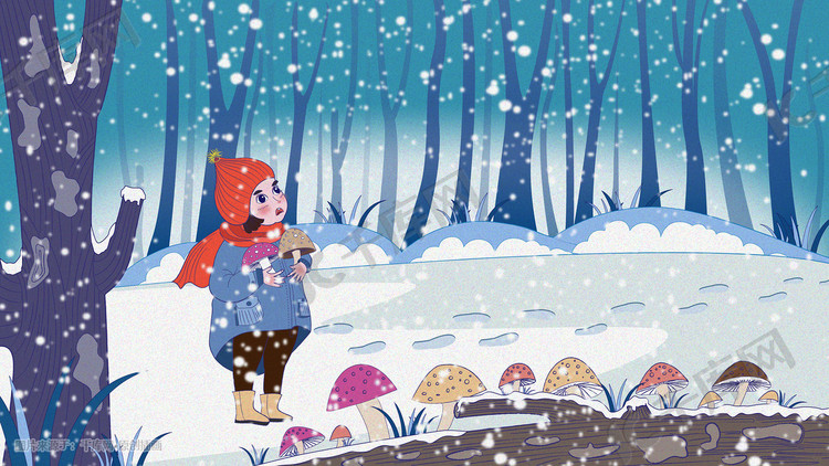 冬季雪地上小女孩插画