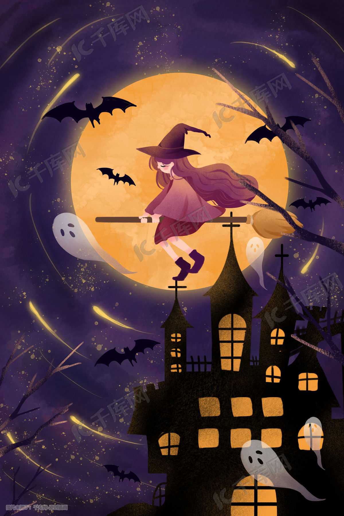 万圣节女巫城堡矢量背景图素材 Halloween Witch Castle – Illustration Background – 设计小咖