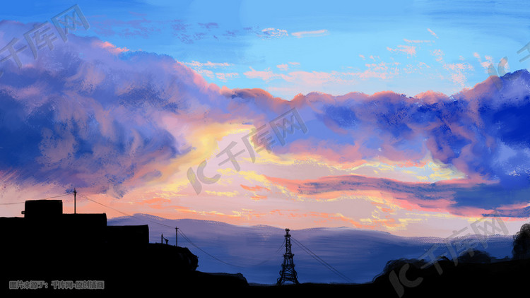 夕阳照射的天空云城市夜晚手绘插画背景