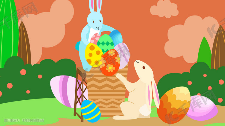 扁平风复活节兔子搬彩蛋配图