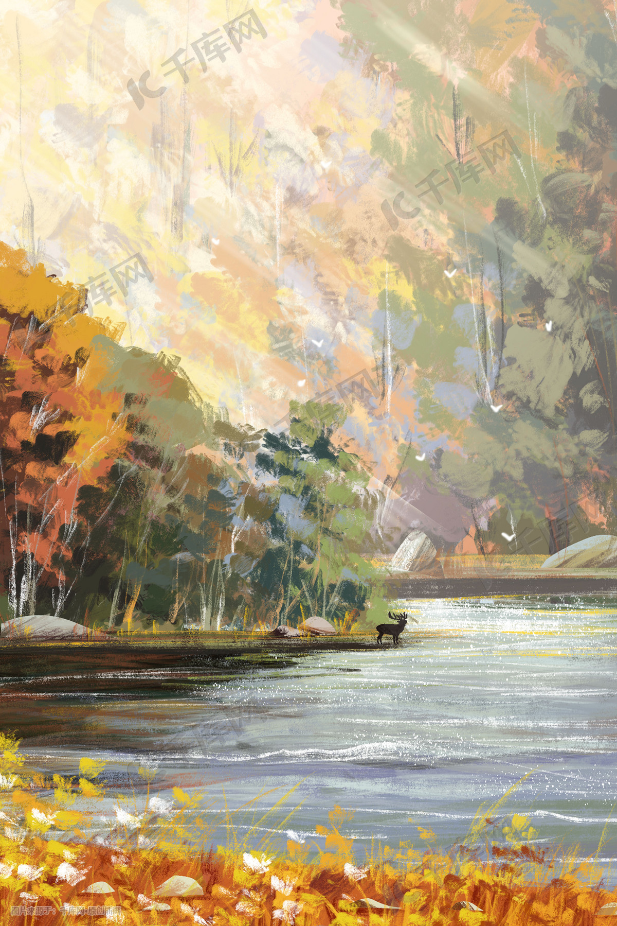 秋天绿色黄色叶子之间的河在蓝天4k自然高清桌面壁纸：宽屏：高清晰度：全屏幕
