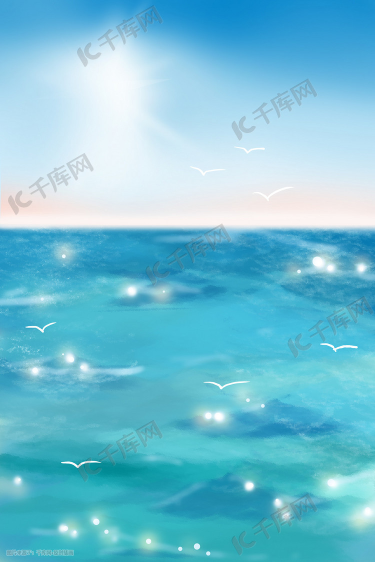 夏天天空蓝天云阳光蓝色海面大海海浪海鸥背景