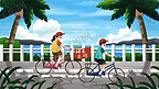 环保保护环境绿色出行插画骑自行车男生女生