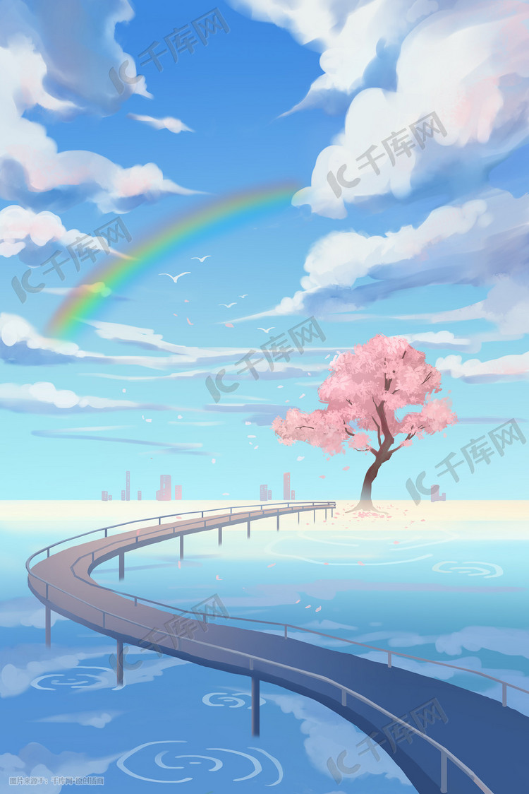 夏天海天空蓝天云樱花彩虹桥风景插画背景