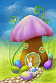 复活节蘑菇屋前的彩蛋插画