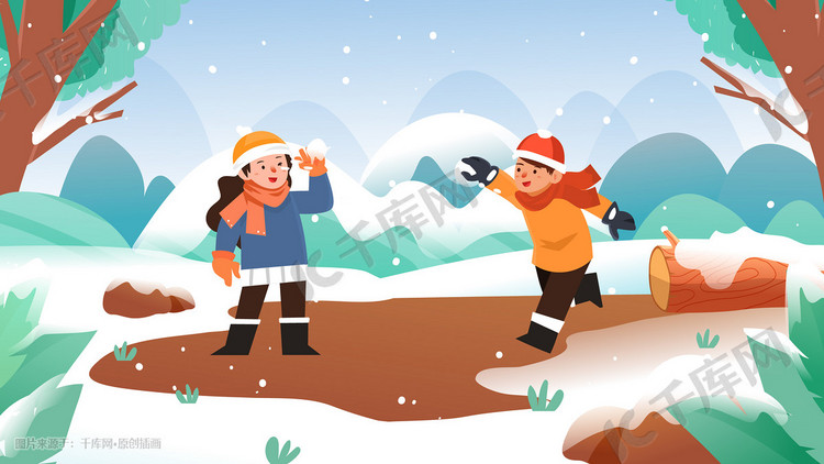 冬季打雪仗孩子玩耍雪景手机页面扁平配图