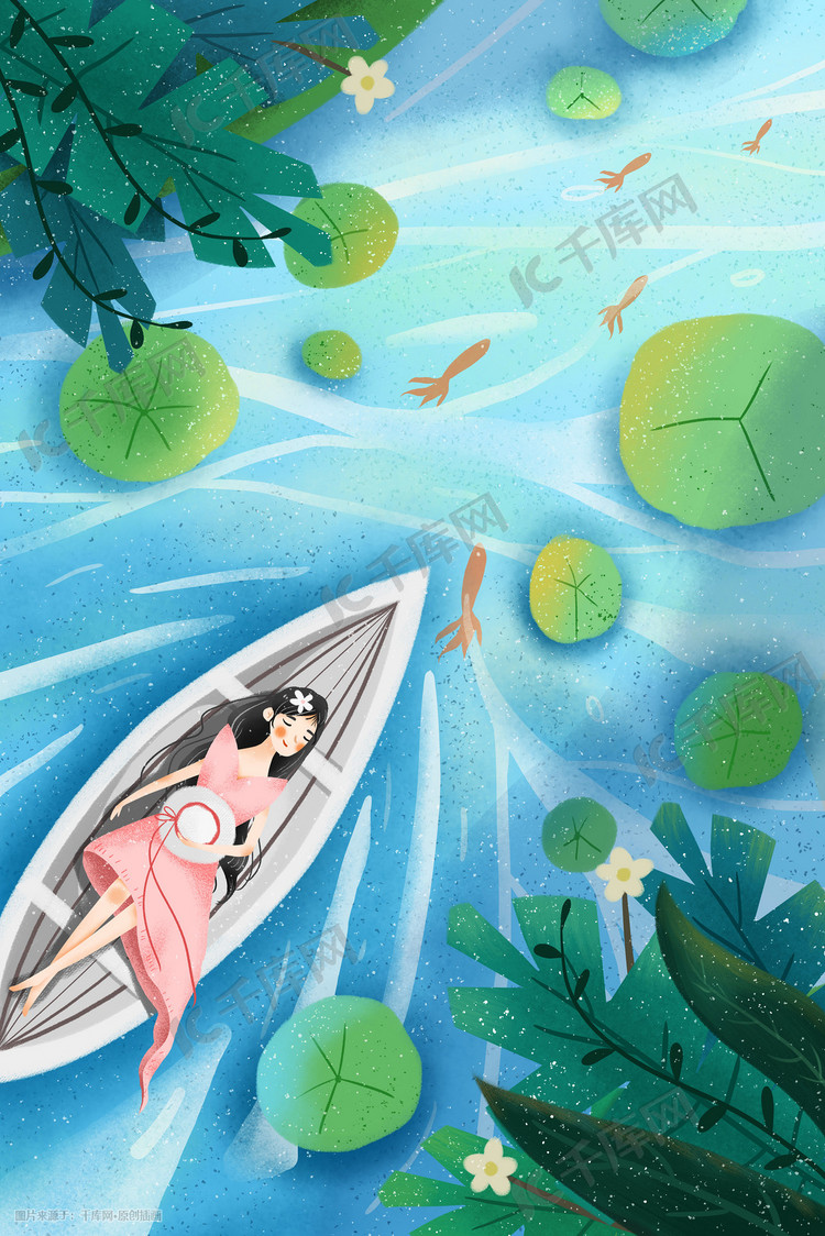 夏景睡在小船中的女孩小清新插画