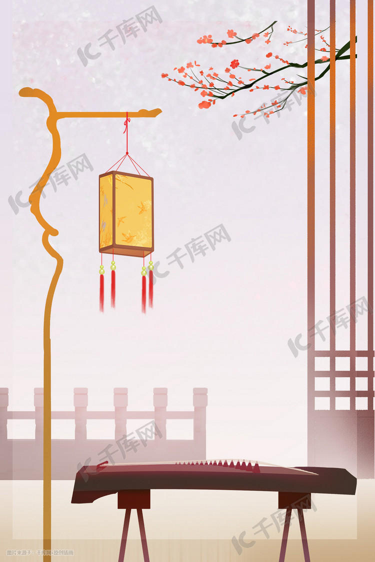 中国风古风装饰古筝灯笼插画背景