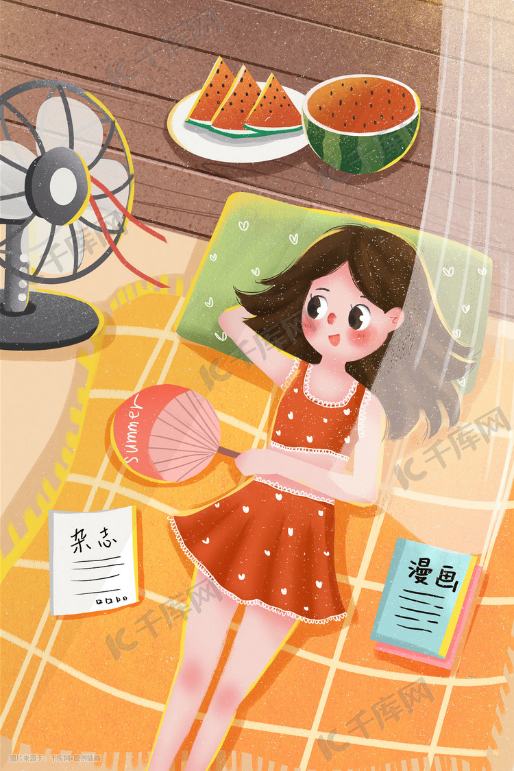 小清新大暑节气女孩躺着吃西瓜