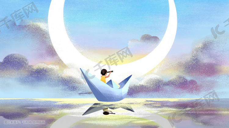 卡通手绘天空蓝天云月亮船夜晚星空海面男孩望远镜背景