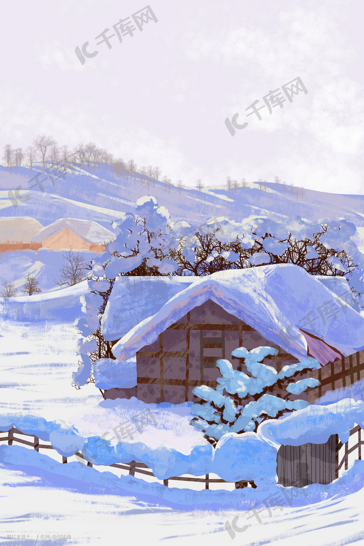 大雪时节美丽的户外雪景手绘插画