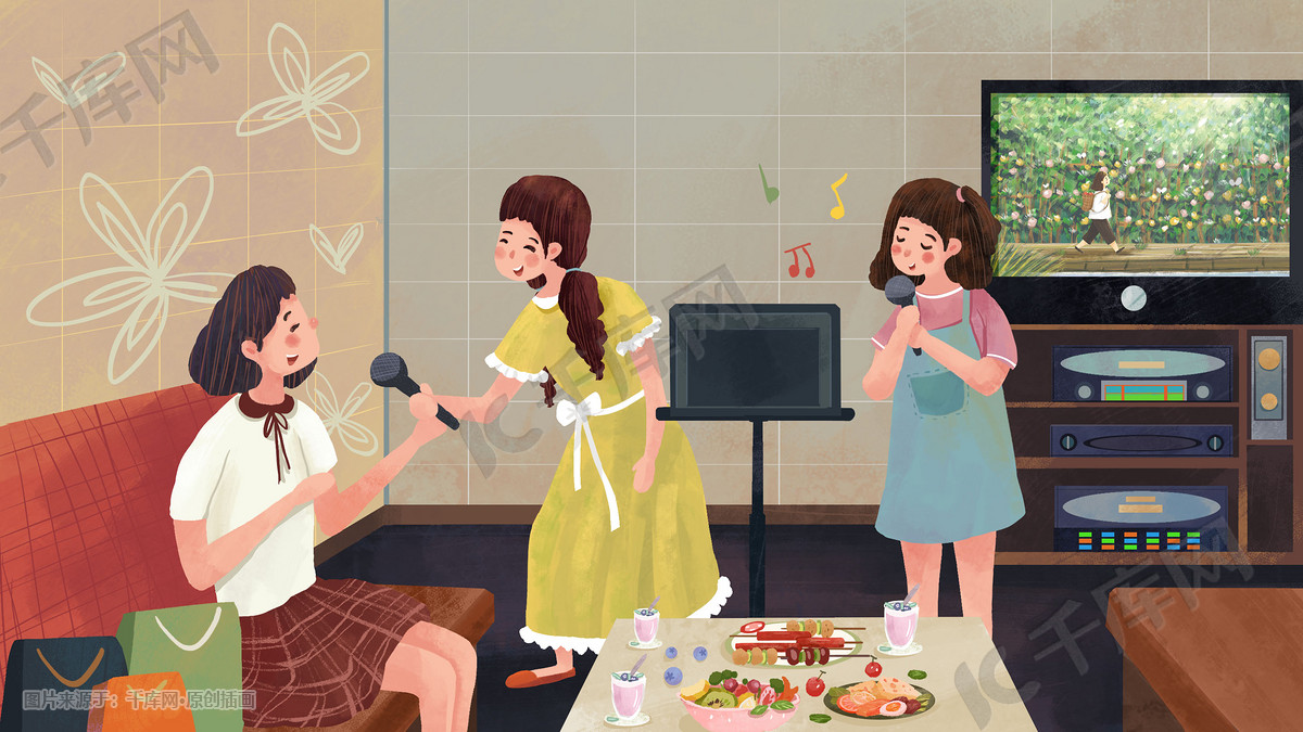 妇女节主题之大家一起去k歌插画图片 千库网 插画id