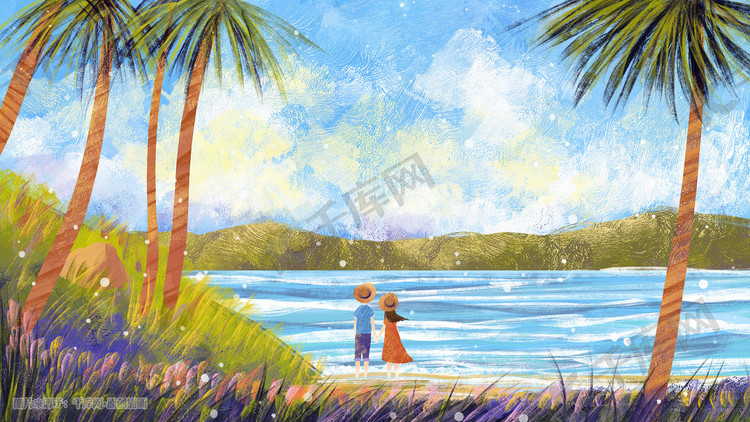 夏日情侣海边度假油画风景
