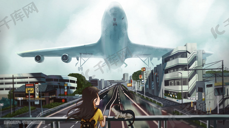 城市女孩旅游飞机公路风景背景